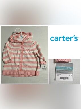 🆕CARTER’S - 6M - NWT - INFANT GIRLS HOODED PINK STRIPE KNIT CARDIGAN SWEATER